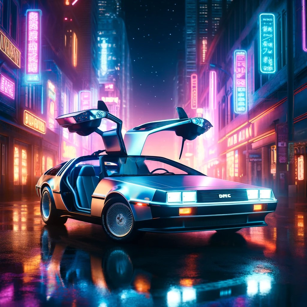"A DeLorean DMC-12 parked on a neon-lit street at night, with open gull-wing doors, surrounded by the vibrant glow of the 1980s' neon ambiance."